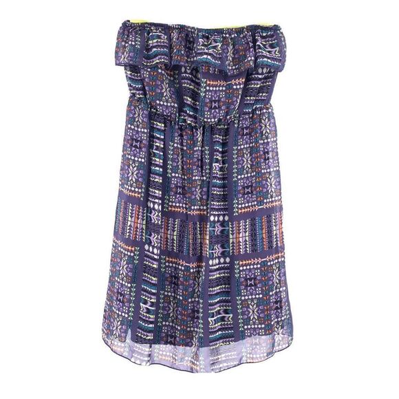 Strapless Ruffle Purple Patterned Neon Mini Dress - Picture 1 of 6